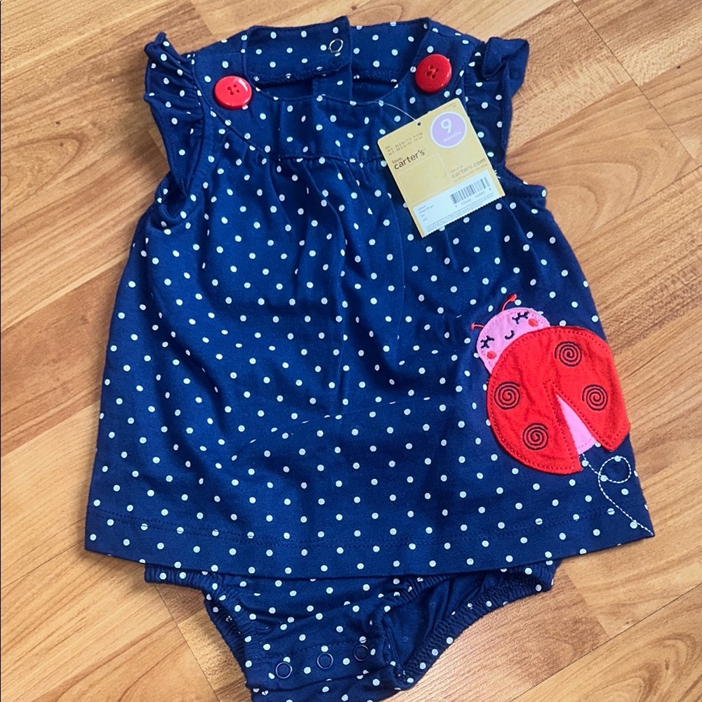 NWT Carter’s 9months Polka Dot Navy one piece onesie dress